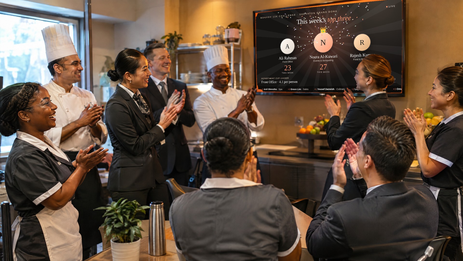 Colleagues cheering at the canteen screen