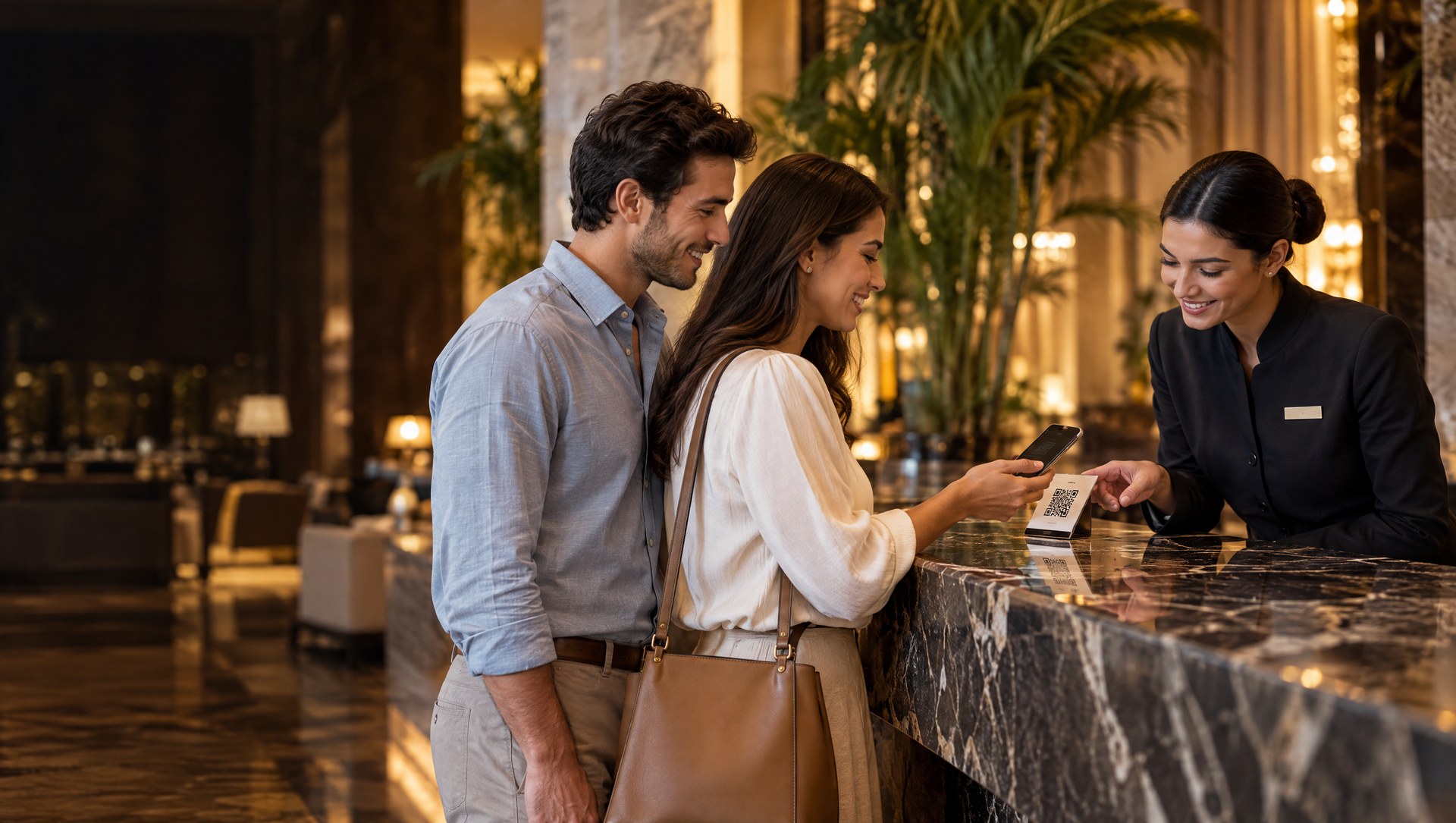 A receptionist helping guests join