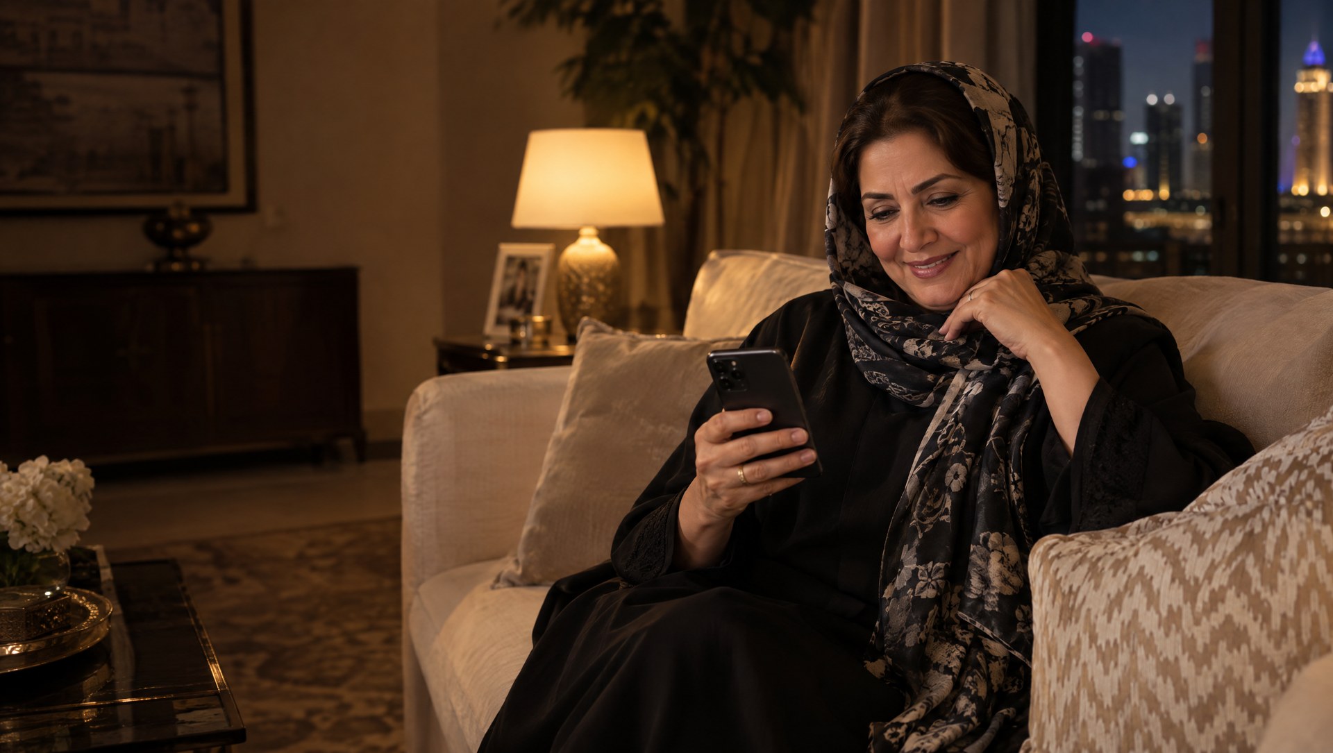 A mother smiling at a message on her phone