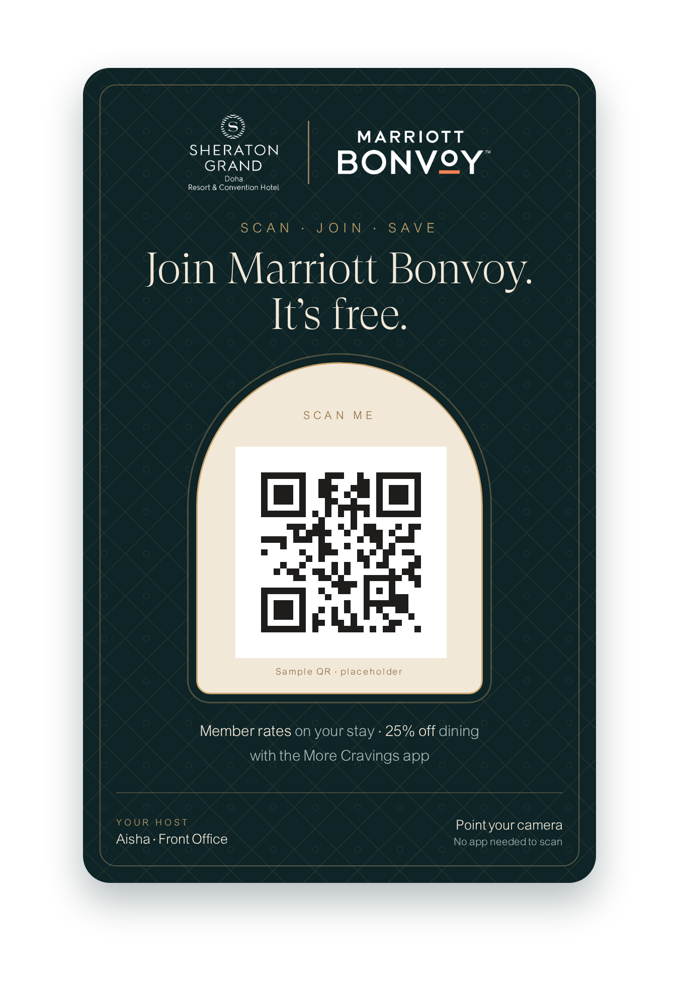 Guest scan card with Sheraton logo, Marriott Bonvoy wordmark and a personal QR code