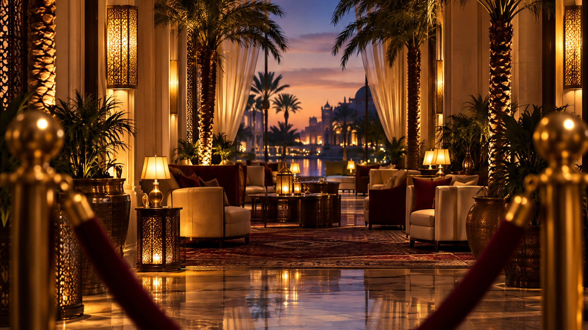 A grand lounge at dusk